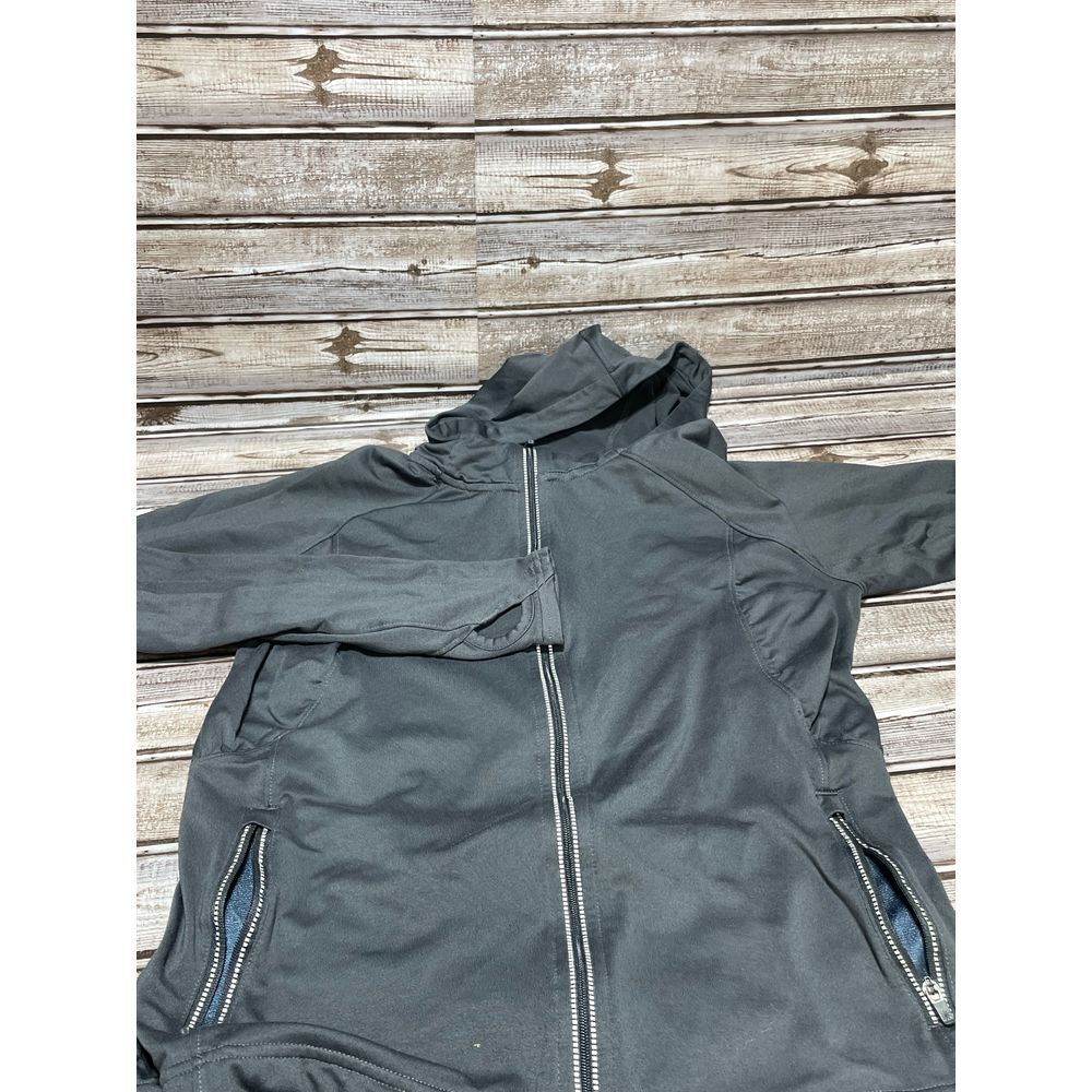 Athleta Women's Full Zip Hoodie Sweatshirt Gray/Blue Pockets Thumb Holes Small